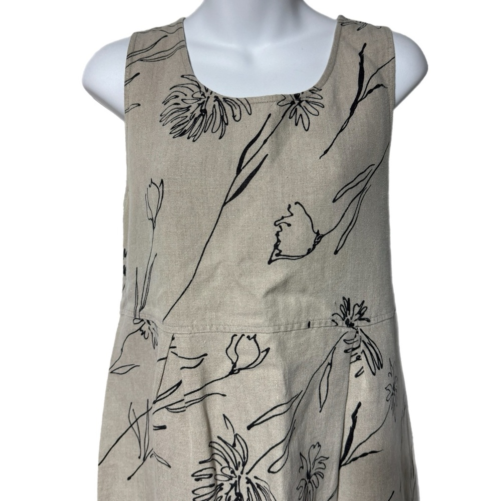 Vtg John Paul Richard Sleeveless Linen Artsy Lagenlook Tan Flower Maxi Dress M - Picture 3 of 7